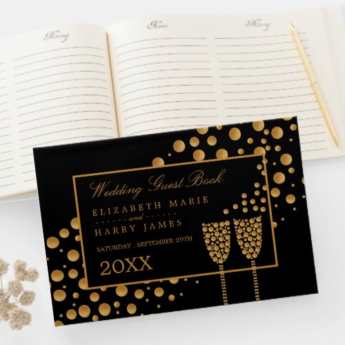 Gold Champagne Bubbles Black  Gold Wedding Guest Book