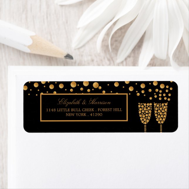 Gold Champagne Bubbles - Black & Gold - Wedding Label (Insitu)