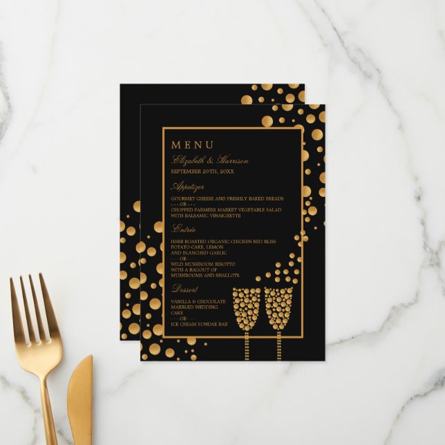 Gold Champagne Bubbles - Black & Gold - Wedding Menu (Front/Back In Situ)
