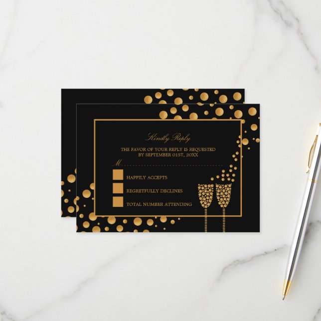 Gold Champagne Bubbles - Black & Gold - Wedding RSVP Card (Front/Back In Situ)
