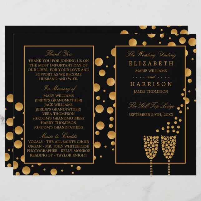Gold Champagne Bubbles BlackGold Wedding Programme (Front/Back)