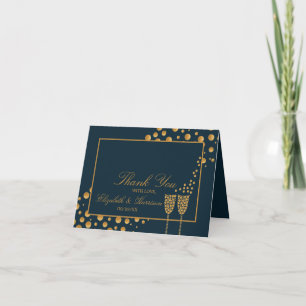 Gold Champagne Bubbles - Blue & Gold - Thank You Card
