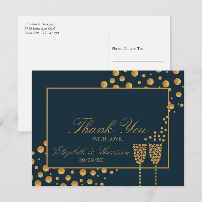 Gold Champagne Bubbles - Blue & Gold - Thank You Postcard (Front/Back)