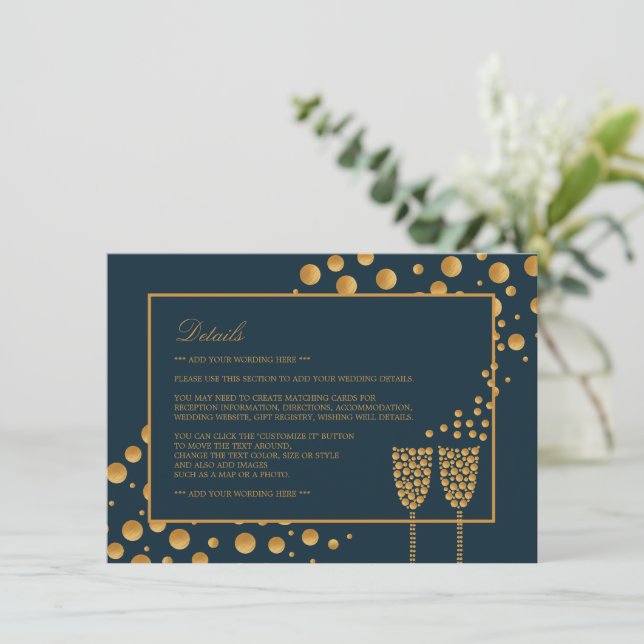 Gold Champagne Bubbles, Blue/Gold, Wedding Detail Enclosure Card (Standing Front)