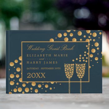 Gold Champagne Bubbles  Blue & Gold Wedding Guest Book by StampedyStamp at Zazzle