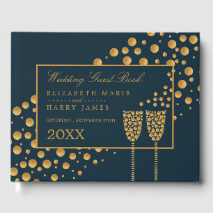 Gold Champagne Bubbles, Blue & Gold Wedding Guest Book