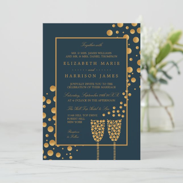 Gold Champagne Bubbles - Blue & Gold - Wedding Invitation (Standing Front)