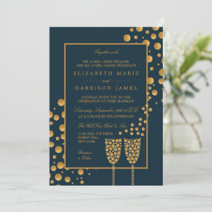 Gold Champagne Bubbles - Blue & Gold - Wedding Invitation