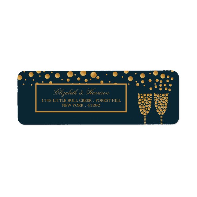 Gold Champagne Bubbles - Blue & Gold - Wedding Label (Front)
