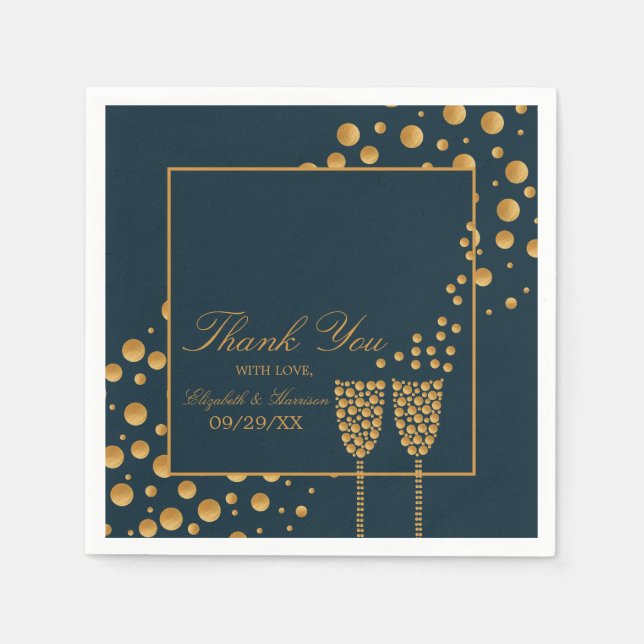 Gold Champagne Bubbles - Blue & Gold - Wedding Napkins (Front)