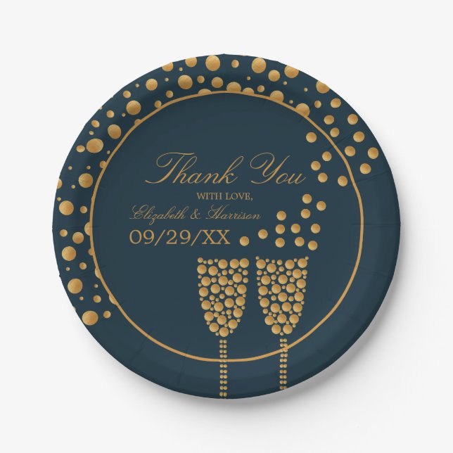 Gold Champagne Bubbles - Blue & Gold - Wedding Paper Plates (Front)