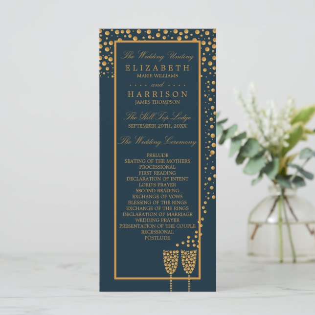 Gold Champagne Bubbles - Blue & Gold - Wedding Program (Standing Front)