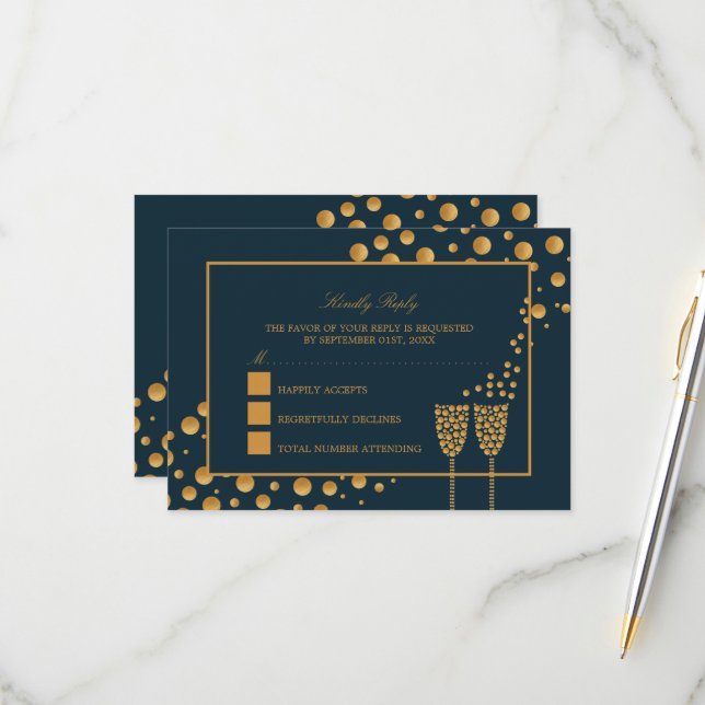 Gold Champagne Bubbles - Blue & Gold - Wedding RSVP Card (Front/Back In Situ)