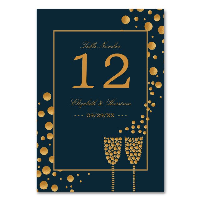 Gold Champagne Bubbles - Blue & Gold - Wedding Table Number (Front)