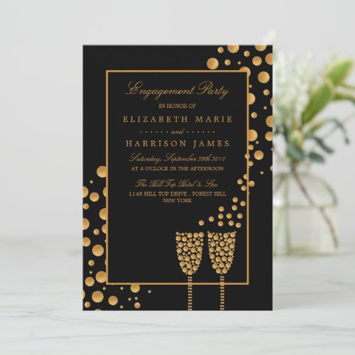 Gold Champagne Bubbles Engagement Party Invitation