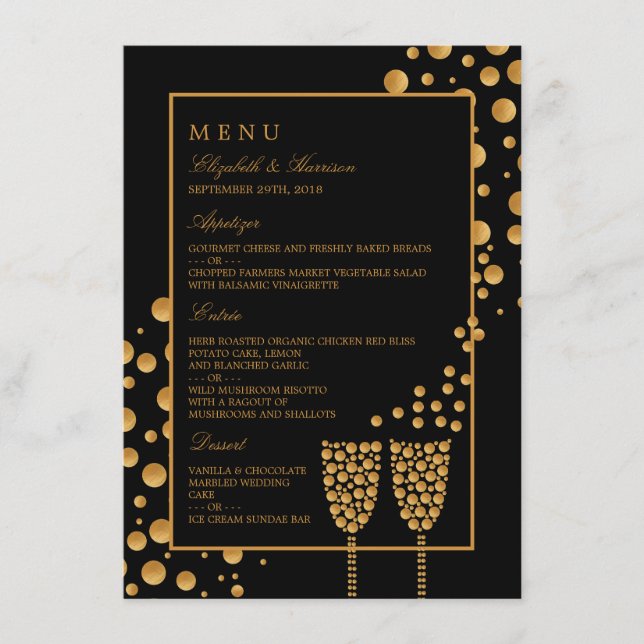 Gold Champagne Bubbles Engagement Party Menu (Front)