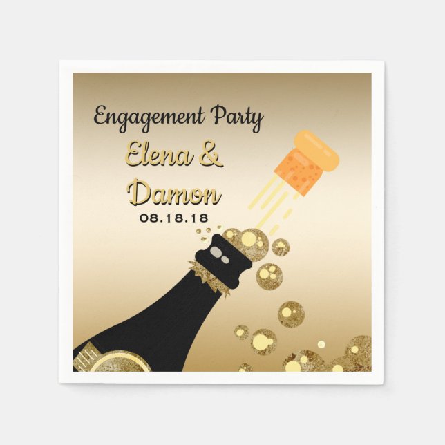 Gold Champagne Bubbles Engagement Party Paper Napkins (Front)