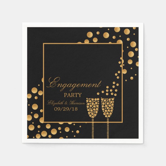 Gold Champagne Bubbles Engagement Party Paper Napkins (Front)