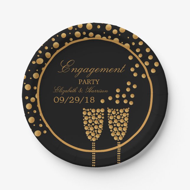 Gold Champagne Bubbles Engagement Party Paper Plates (Front)