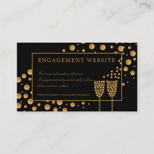 Gold Champagne Bubbles Engagement Party Website Business Card (Front)