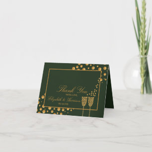 Gold Champagne Bubbles - Green & Gold - Letterpress Thank You Card
