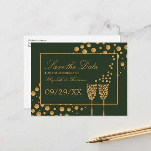 Gold Champagne Bubbles Green  Gold Save the Date Announcement Postcard