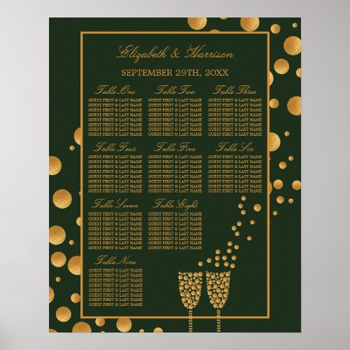 Gold Champagne Bubbles Green  Gold Seating Chart