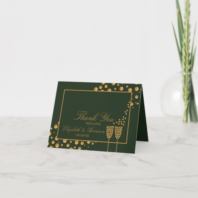 Gold Champagne Bubbles - Green & Gold -  Thank You Card (Front)