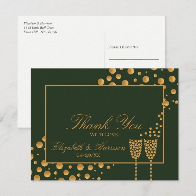 Gold Champagne Bubbles - Green & Gold - Thank You Postcard (Front/Back)