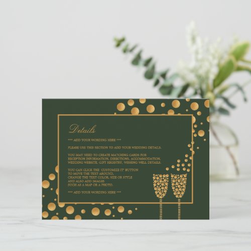 Gold Champagne Bubbles GreenGold Wedding Detail Enclosure Card