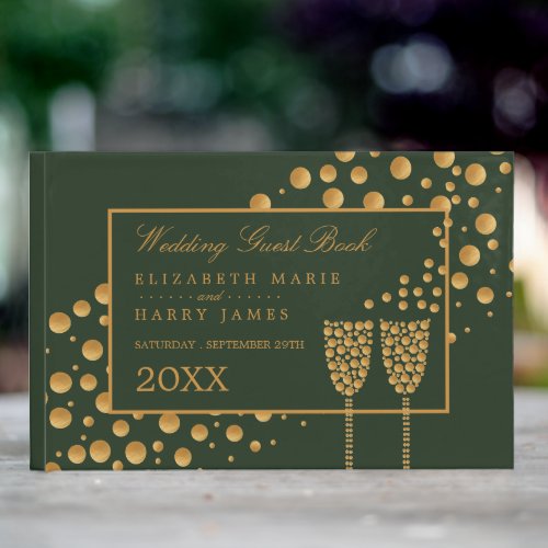 Gold Champagne Bubbles Green  Gold Wedding Guest Book