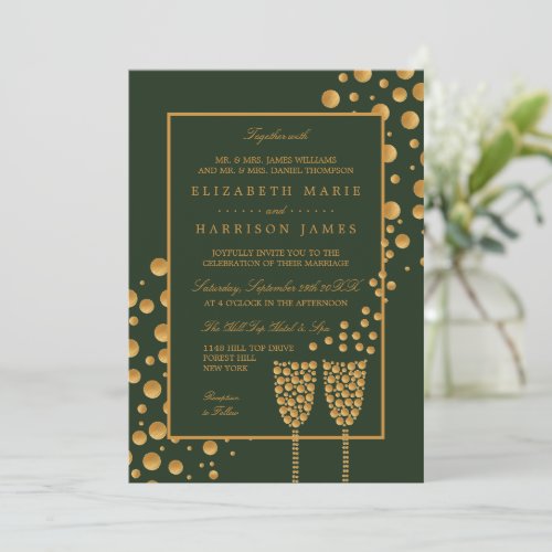 Gold Champagne Bubbles _ Green  Gold _ Wedding Invitation