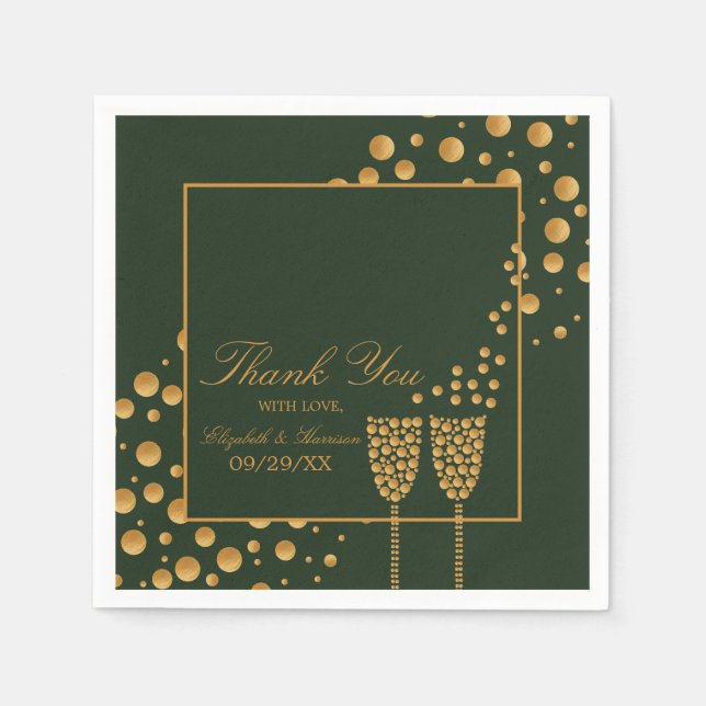 Gold Champagne Bubbles - Green & Gold - Wedding Napkins (Front)