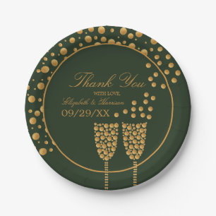 Gold Champagne Bubbles - Green & Gold - Wedding Paper Plates