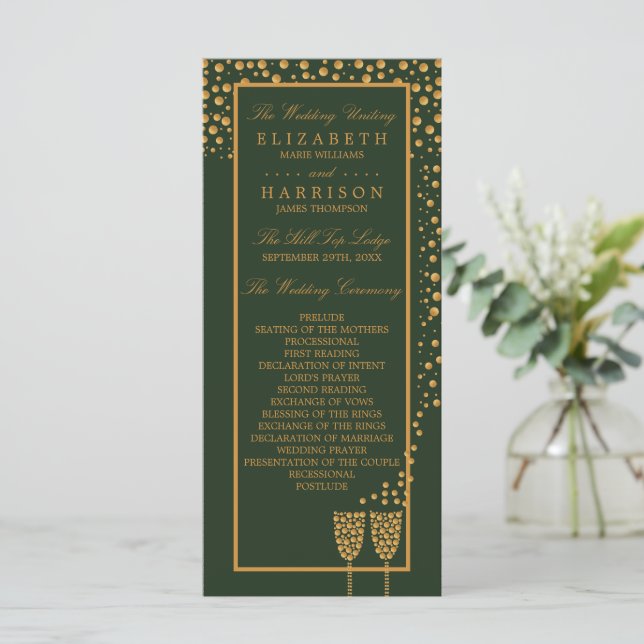 Gold Champagne Bubbles - Green & Gold - Wedding Program (Standing Front)