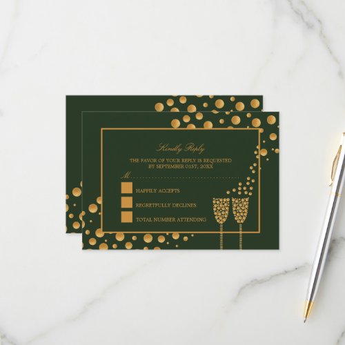 Gold Champagne Bubbles _ Green  Gold _ Wedding RSVP Card