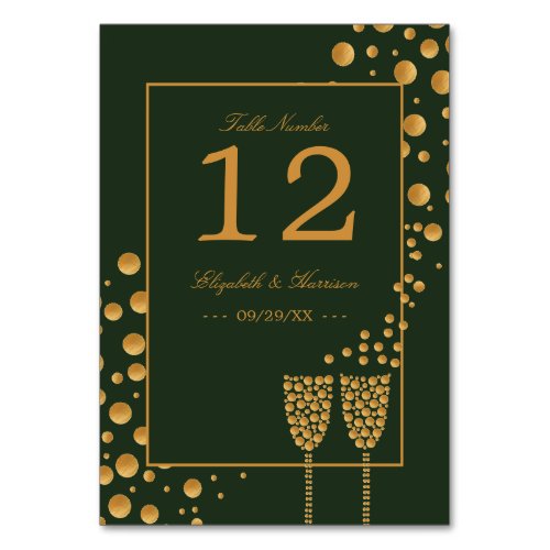 Gold Champagne Bubbles _ Green  Gold _ Wedding Table Number