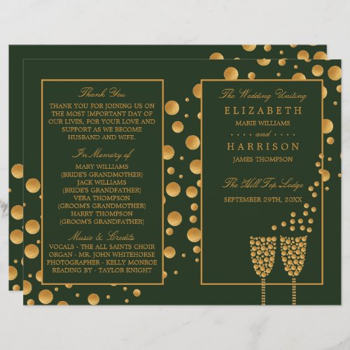 Gold Champagne Bubbles GreenGold Wedding Programme