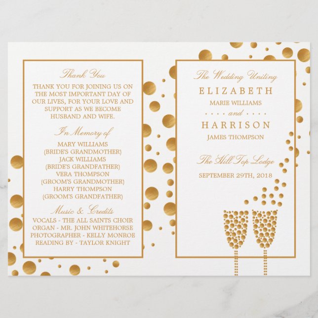 Gold Champagne Bubbles Wedding Bi-fold Program (Front)