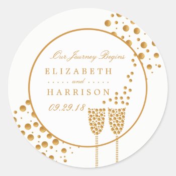 Gold Champagne Bubbles Wedding Classic Round Sticker by StampedyStamp at Zazzle