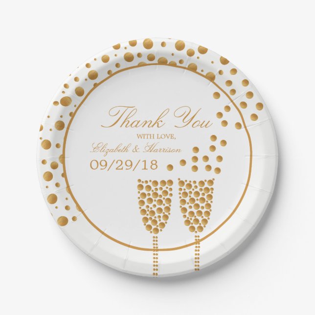 Gold Champagne Bubbles Wedding Paper Plates (Front)