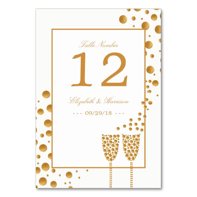 Gold Champagne Bubbles Wedding Table Number (Front)