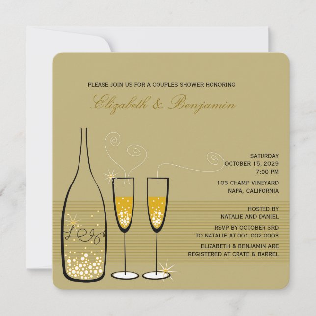 Gold Champagne Bubbly Classy Wedding Shower Invite (Front)