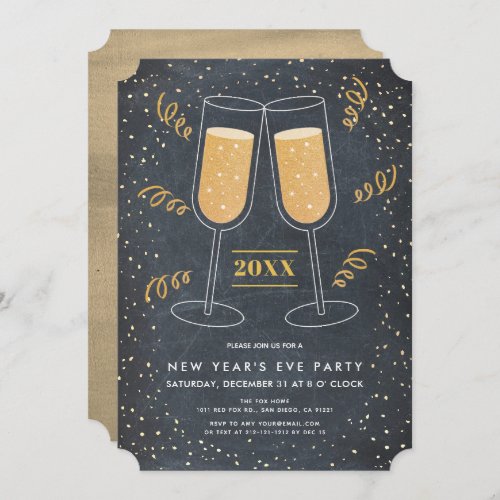 Gold Champagne Chalkboard New Years Eve Invitation