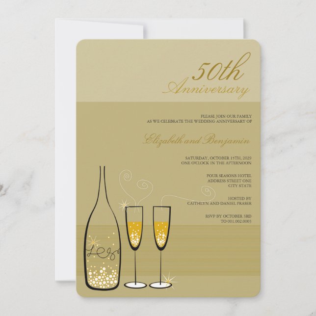 Gold Champagne Cheers 50th Wedding Anniversary Invitation (Front)