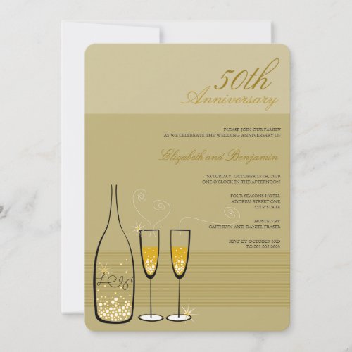 Gold Champagne Bubbles 50th Anniversary Invitation