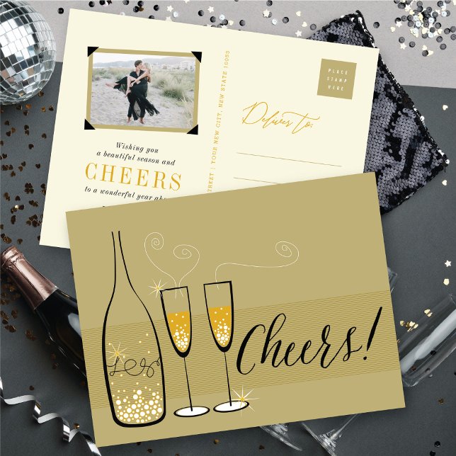 Gold Champagne Cheers Bubbly Stylish Chic New Year Holiday Postcard (Gold Champagne Cheers Bubbly Stylish New Year Holiday Postcard @ fat_fa_tin)