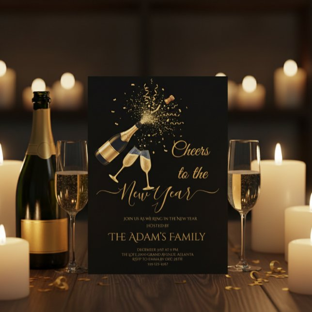  Gold Champagne Cheers New Year Party Invitation (Creator Uploaded)