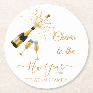 Gold Champagne Cheers New Year Round Paper Coaster