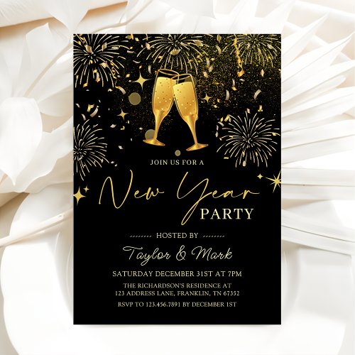 Gold Champagne Cheers New Years Eve Party Invitation